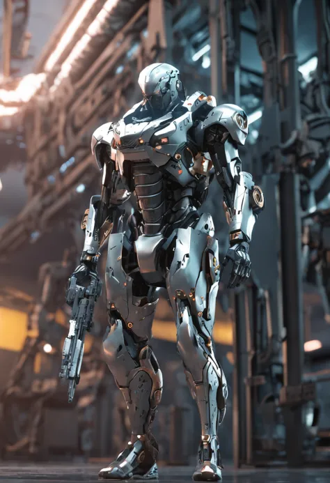 Cyborg silver surface,Posture movements are fully standing,Face real people,V-shaped face,steel armor,Steel box,Shoulder weapons,Hyper-detailed machinery,high detailed armor,full legs,mid hair,LED light on the fuselage,G-cup,Chest cleansing,White face,meta...