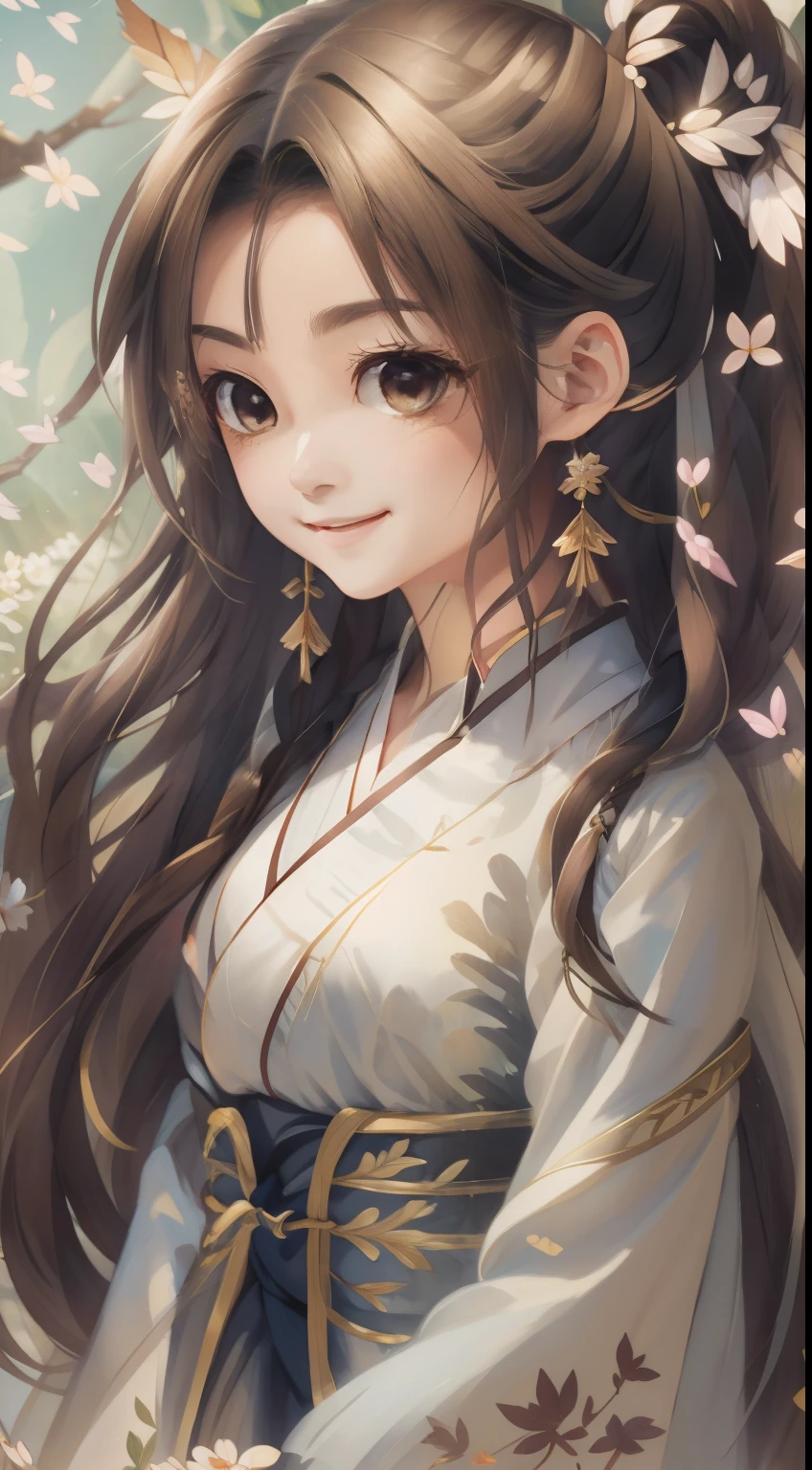 Ancient wind，Kizi，Ink fairy，delicated，Light brown eyes，cabelos preto e longos，High ponytail，pigtails，Wings，Extreme light and shadow，Hanfu，palaces，Light，8k wallpaper，Master painting，petals，lakes，bow and arrows，grin，Black eyes