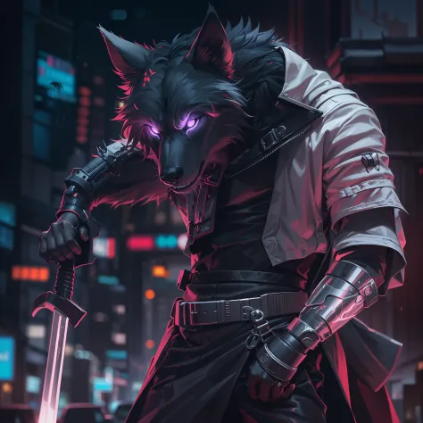 A muscular wolf samurai from a cyberpunk film stands poised, drawing a hyper-realistic Japanese sword from his waist. He dons pristine white armor, reflecting the neon lights of the city. The aura of killing intent radiates from his back, casting an ominou...