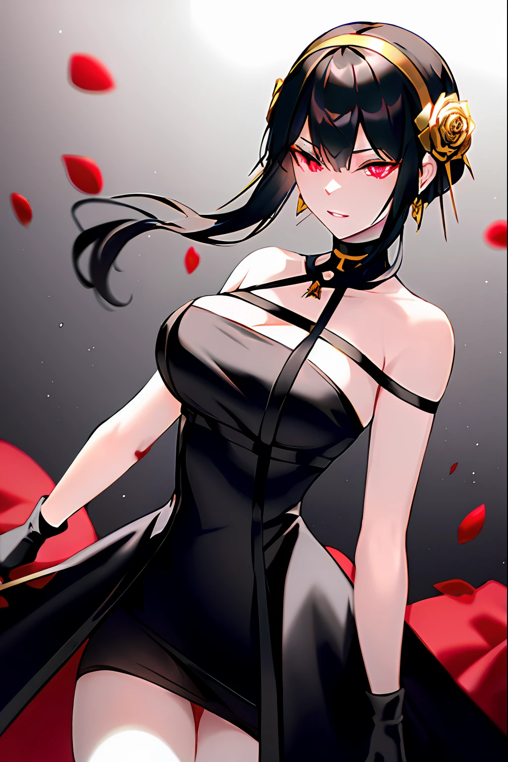 1girl, backlighting, bare shoulders, black background, black dress, black gloves, black hair, blood, blood on face, blood on weapon, breasts, closed mouth, cowboy shot, dress, earrings, expressionless, fingerless gloves, floating hair, floral print, flower, gloves, gold earrings, gold hairband, hair flower, hair ornament, hairband, holding, holding weapon, jewelry, large breasts, light particles, long hair, looking at viewer, off-shoulder dress, off shoulder, petals, red eyes, rose, rose petals, rose print, short hair with long locks, sidelocks, solo, spikes, thighs, two-sided dress, two-sided fabric, weapon, cinematic lighting, evil grin, red eyes, corrupted, crazy, blood, blurred background, evil, blood splatters, blood on face, rose thorns, rose thorns on background, shaded eyes, camera angle, detailed eyes, long eyelashes, 5 fingers, perfect hands, beautiful, masterpiece, best quality, extremely detailed face, perfect lighting, nice hands, perfect hands,