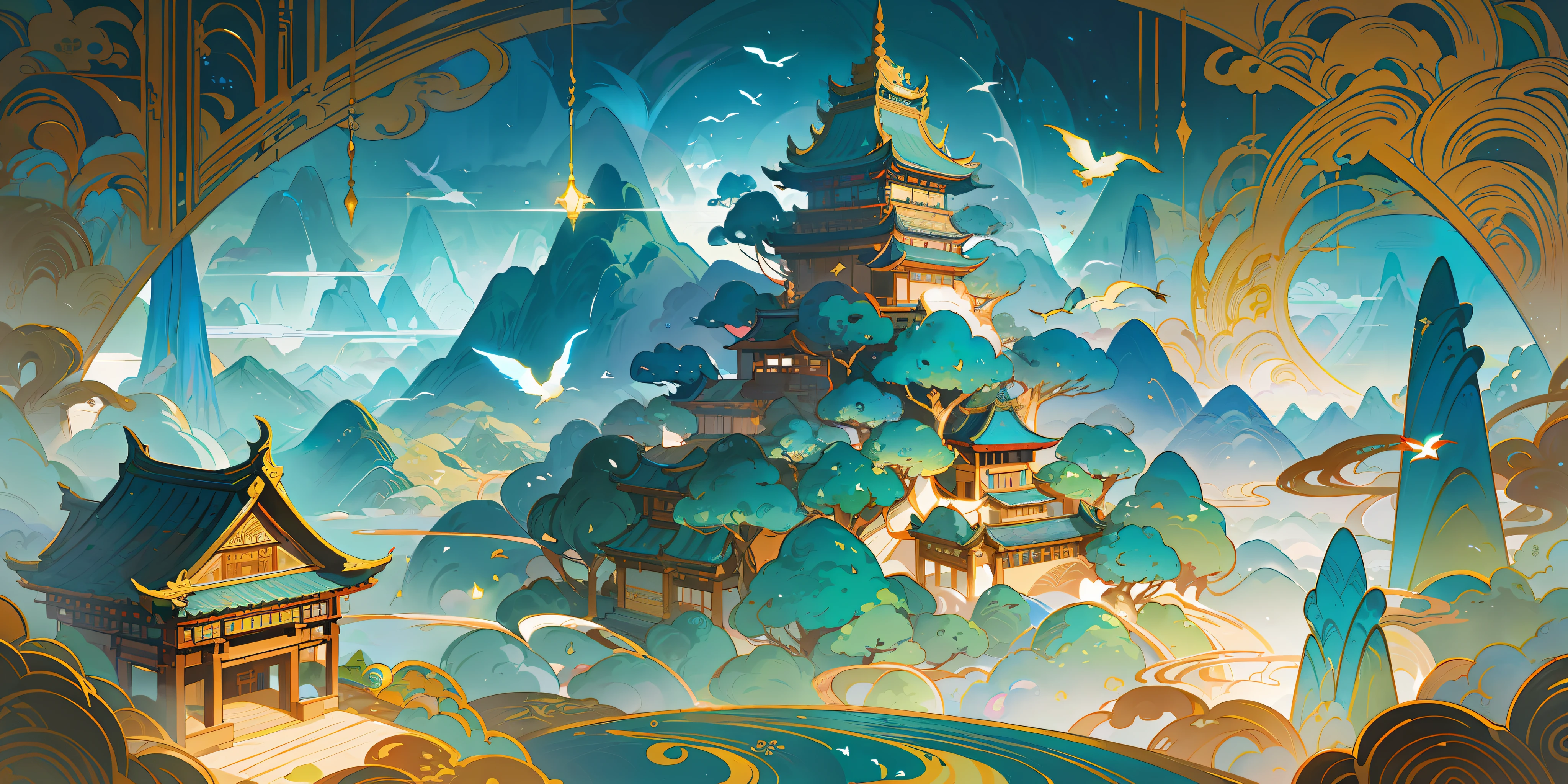 an image of an asian landscape with mountains and birds in the air, in the style of fantastical otherworldly visions, light cyan and gold, intricately mapped worlds, hyperrealistic illustrations, romanticized cityscapes, detailed character illustrations, organic shapes and curved lines, --v6