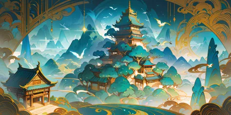 an image of an asian landscape with mountains and birds in the air, in the style of fantastical otherworldly visions, light cyan...