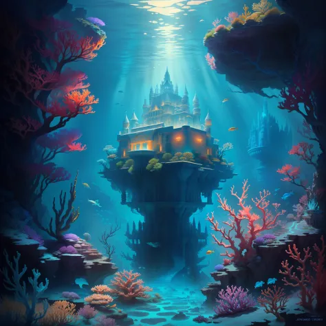 There are pictures of underwater scenes with corals and castles, Undersea temple from the right, jen bartel, Underwater city, Underwater temple with fish, an underwater city, 4K highly detailed digital art, Masterpiece underwater scene, a beautiful artwork...