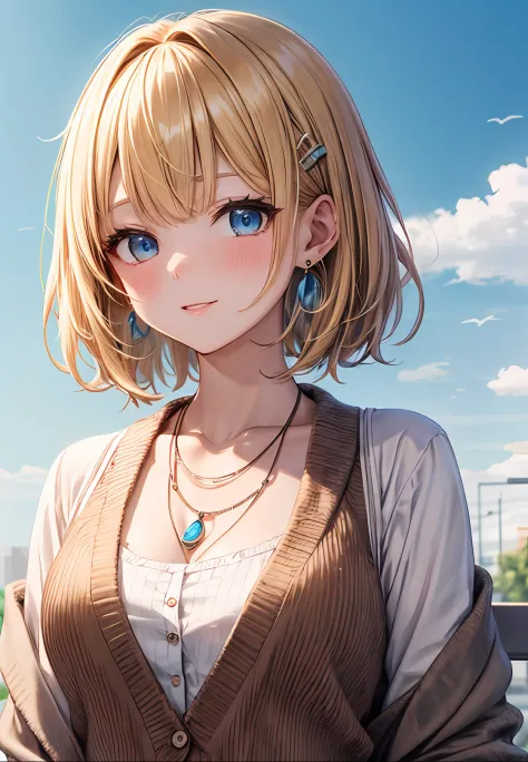 absurderes, ultra-detailliert,bright colour, extremely beautiful detailed anime face and eyes, view straight on, ;D, shiny_skin,25 years old, Short hair, , asymmetrical bangs, Blonde hair with short twin tails, Shiny hair, Delicate beautiful face, red blus...