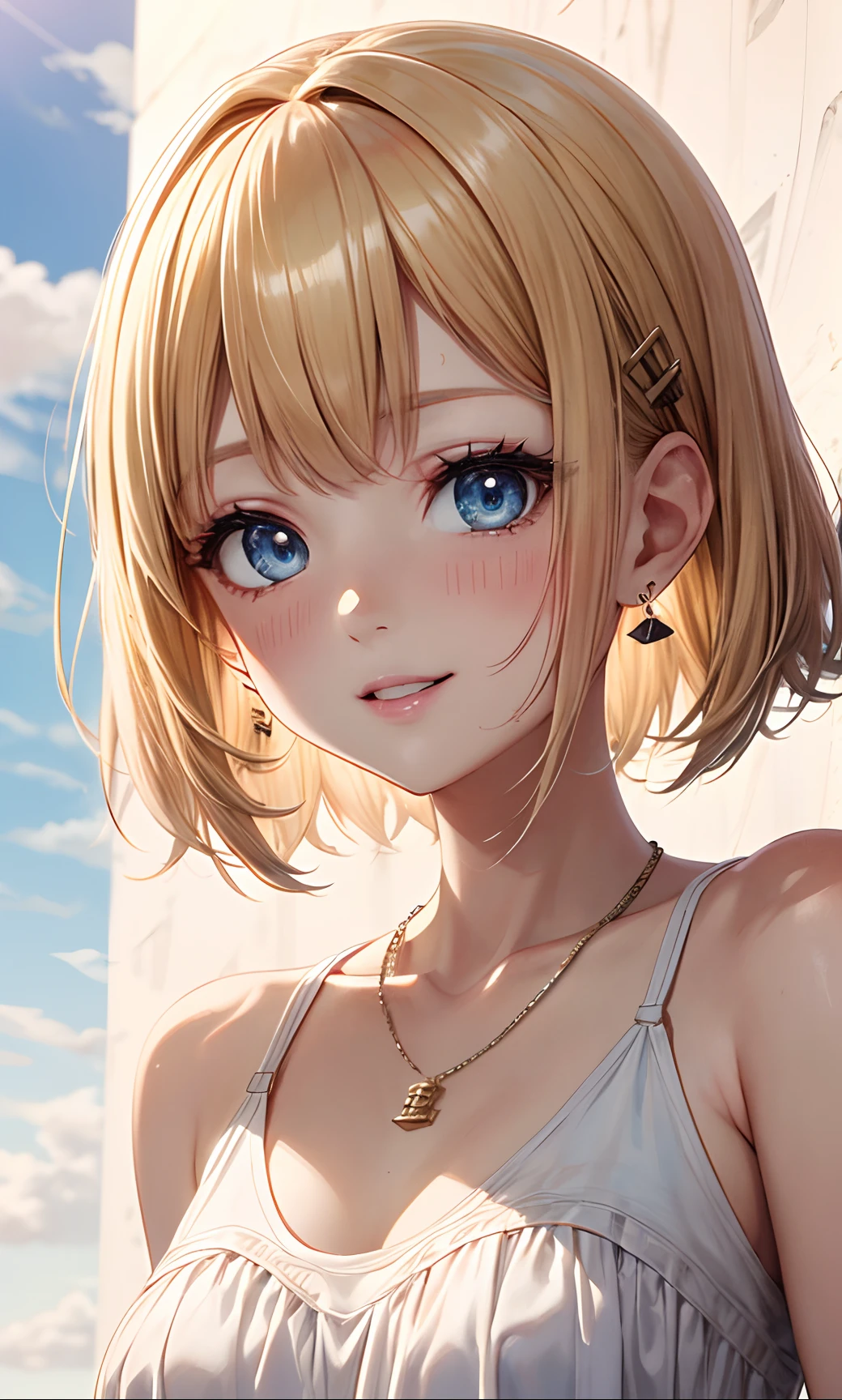 absurderes, ultra-detailliert,bright colour, extremely beautiful detailed anime face and eyes, view straight on, ;D, shiny_skin,25 years old, Short hair, , asymmetrical bangs, Blonde hair with short twin tails, Shiny hair, Delicate and beautiful smile, red blush、Blue eyes, White skin, hair clips, earrings, a necklace,(Burberry:1.2), Beautiful cloud, Dusk sky,