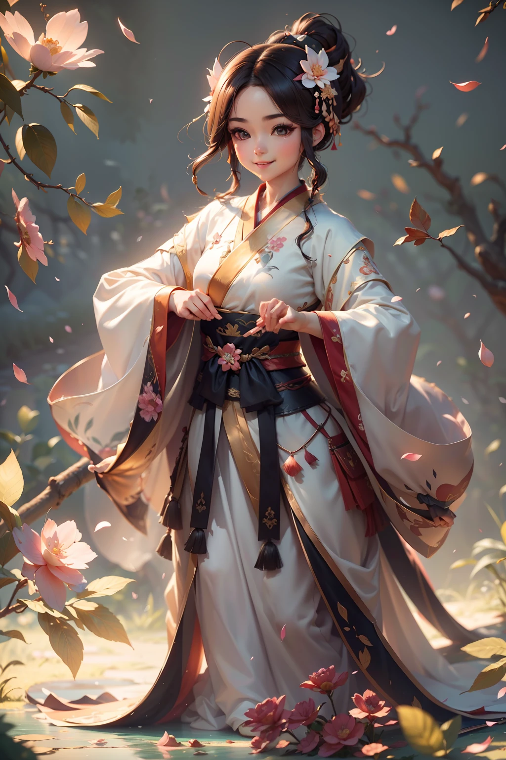 A Chinese woman who looks feminine and pampered，Movie Angle,( cute female child,Anatomically correct,full bodyesbian,Masterpiece camellia,Representative works Hanfu,Smile),(illustration,paper art,a 3D render),(Extremely colorful, Best quality, high detal, Masterpiece, Cinematic lighting, 4K, Chiaroscuro)，Ancient wind，Kizi，Ink fairy，delicated，Light brown eyes，cabelos preto e longos，High ponytail，pigtails，Wings，Extreme light and shadow，Hanfu，palaces，Light，8k wallpaper，Master painting，petals，lakes，bow and arrows，grin，Black eyes