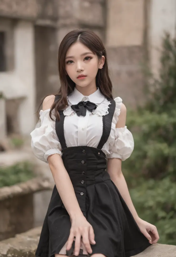 best qualtiy，超高分辨率，1girl，sleeveless white button shirt，a black skirt，Black collar，adolable，Lolita prostitute，（aegyo sal：1），（Platinum blonde hair：2），（（puffy eye）），It looks like in front of the audience，full bodyesbian，facing the front there，