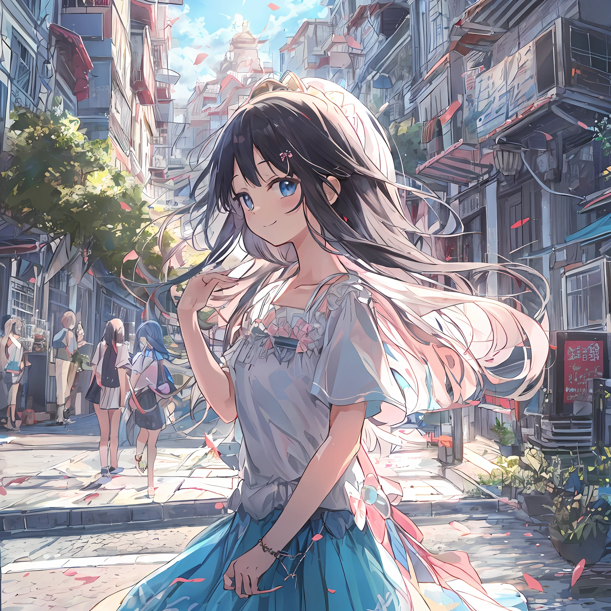 absurderes, hight resolution, (Anime style:1.1), ((masutepiece)), ((Best Quality)), (Ultra-detailed), (Beautiful), 独奏, Beautiful face、(liftup),Cute little girl standing on the street in Mediterranean port city,Wind,of shiny pale black hair, Colorful eyes,Cute summer sexy clothes,Blue sky,Closed eyes,Looking at Viewer,Lens Flare,Dramatic, Coastal、(The skirt flutters in the wind:1.3)、A smile