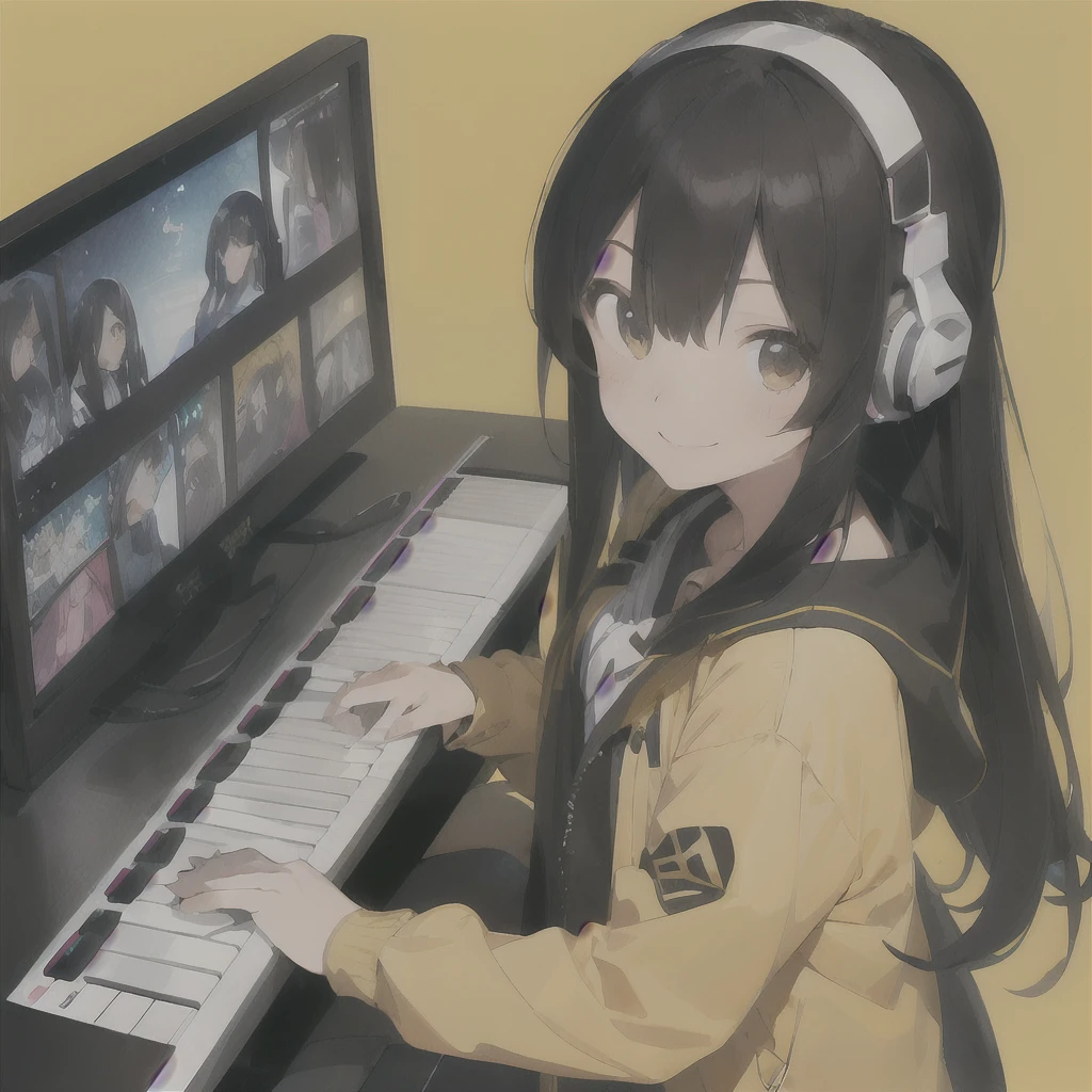 Anime girl with headphones playing a video game on a computer - SeaArt AI