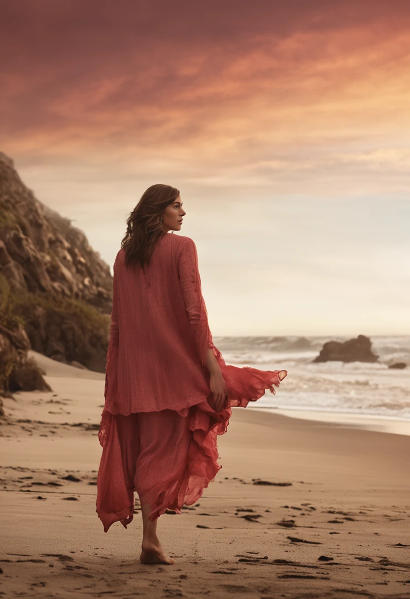 Woman in red dress walking on beach with ocean in background - SeaArt AI