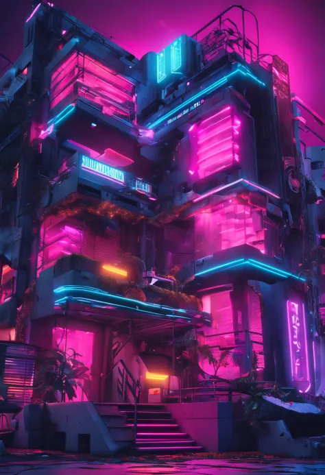 Quarto gamer com um computador muito bonito e ultra moderno, muito neon no quarto, View of a city with giant cyberpunk style building