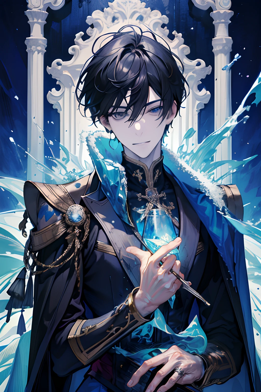 (absurdres, highres, ultra detailed), 1 male, adult, handsome, tall muscular guy, broad shoulders, finely detailed eyes, dark color hair, fantasy, complex pattern, detailed face, throne, magic effect, best ratio four finger and one thumb, ice, bitter cold, cold snap, smile, (dutch angle), closed mouth
