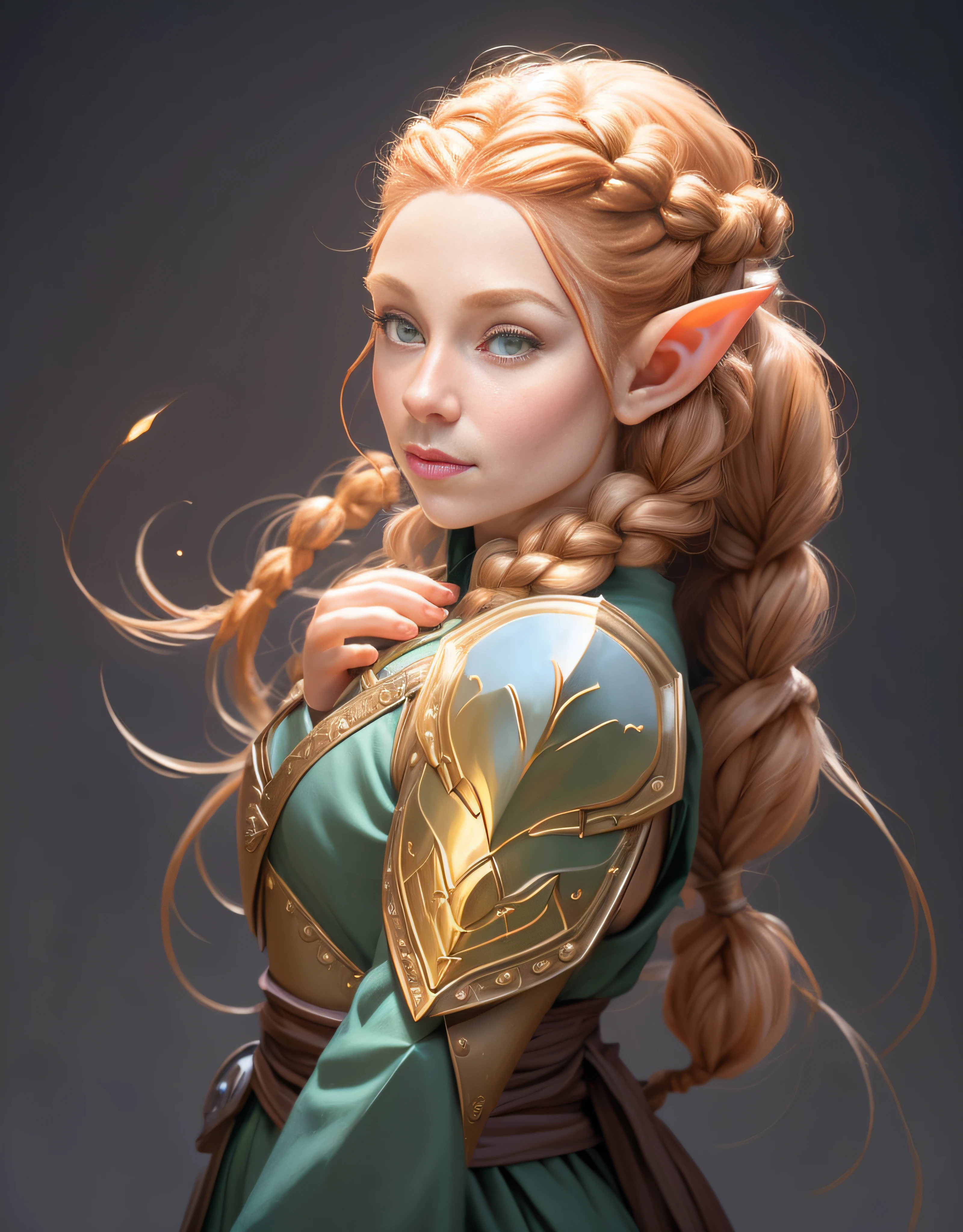 dnd Porträt einer weiblichen Elfe, DND-Porträt eines weiblichen Halblings, Kleriker, Plattenrüstung, Göttliche Ausstrahlung, geflochtene rote Haare