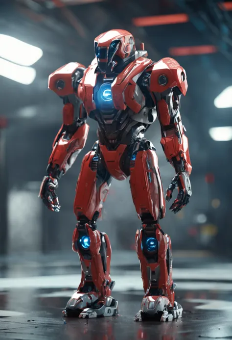 a close up of a futuristic robot standing on a floor, red shift render, octane render sci - fi, red mech, concept design art octane render, 3 d octane render conceptart, created in octane render, greg rutkowski octane render, redshift render, super rendere...