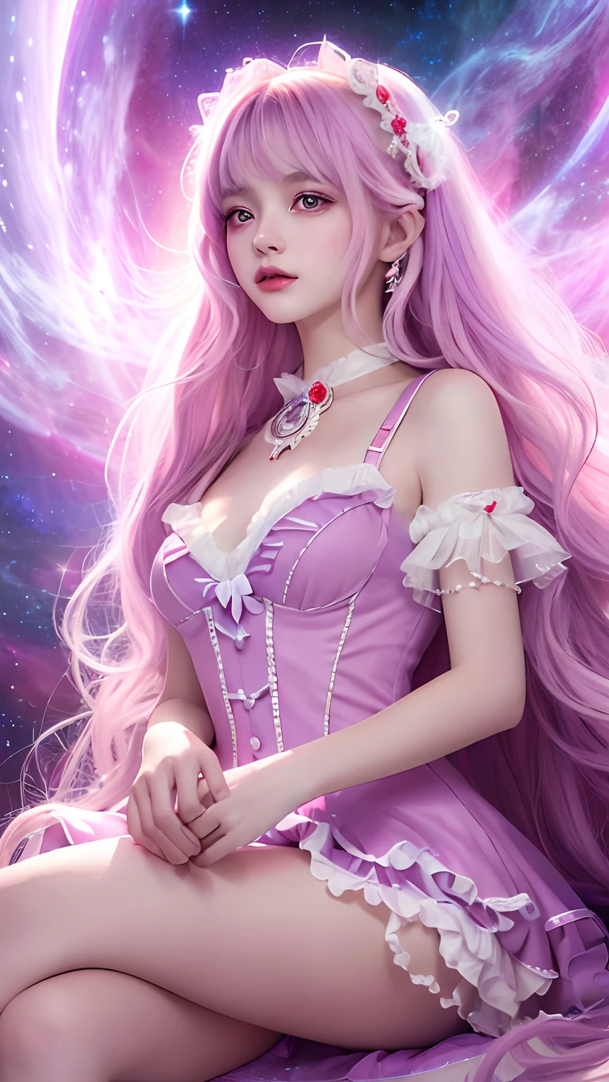 4K Ultra HD, Masterpiece, A girl with a magical aura, Good face, Long hair, shinny hair, Detailed eyes, Glossy lips, Wearing a red Lolita costume, The aura around the body, Magical effect, Spread white light, Cosmic elements and ethereal atmosphere, A mix of bright lights and colorful nebulae, universe background, Sitting, Full body capture.