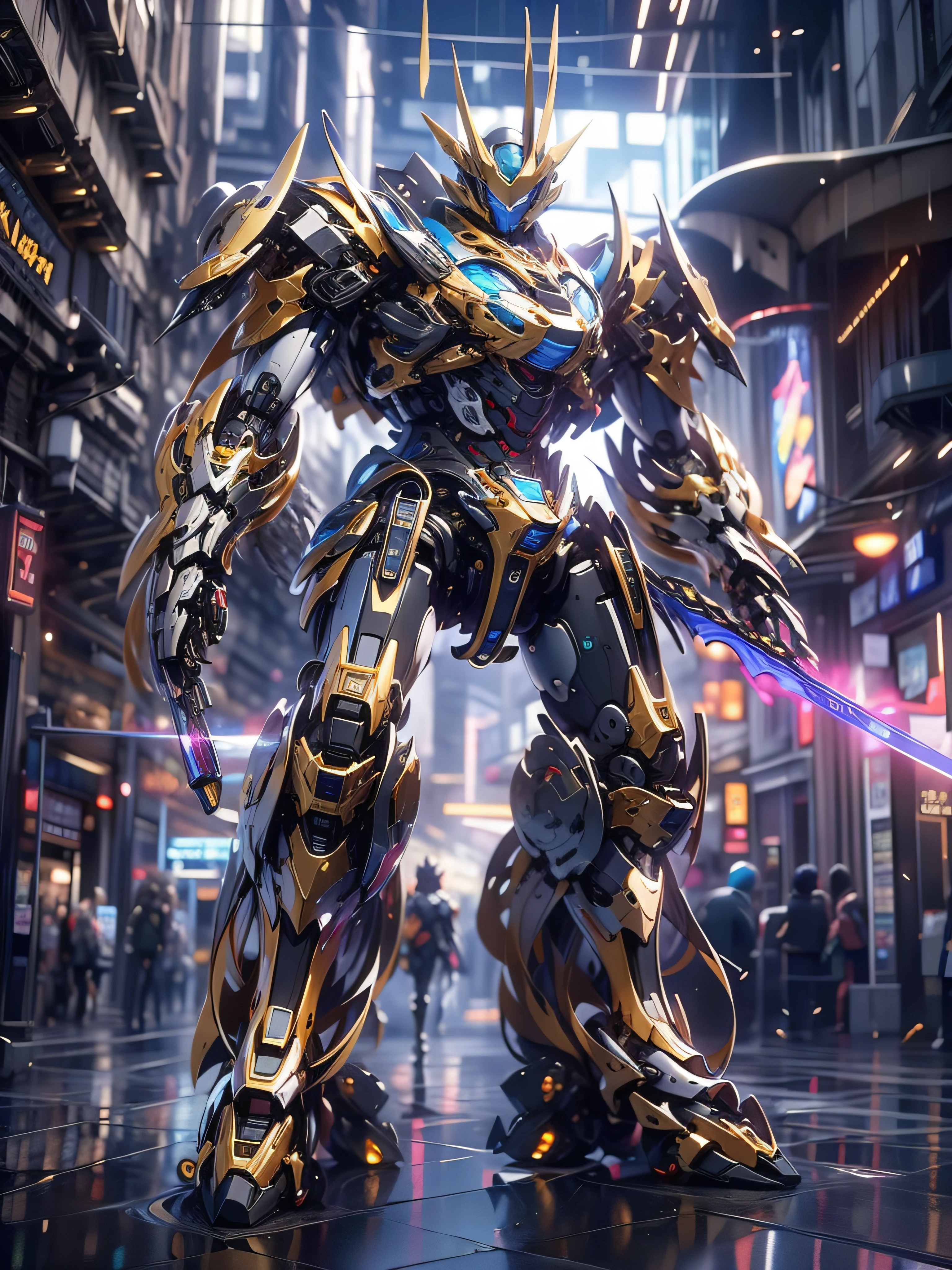 super wide shot, Full body frontal photo, (Masterpiece) ， The best quality， High quality， （Futurism：1.1）， （Mech with a sword,  Divine,  Silver and gold，Close-up of real faces）， Movie Lighting， （Exquisite future）， Beautiful and beautiful， Ultra detailed， great composition， Floating， Depth of field， （Very detailed CG，Unity 8k Wallpaper）， （Beautiful detail background）， dramatic lights， GOGETTA， Mecha，best qualtiy，Ultra-high resolution，Photorealistic