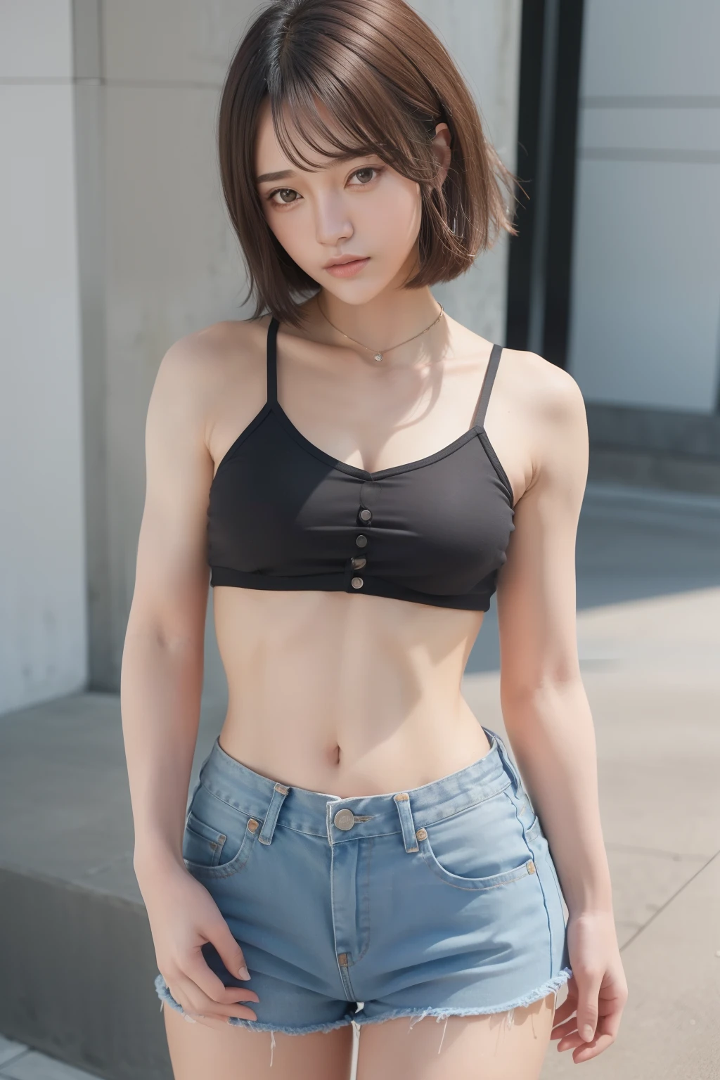 ((medium-breasted, tomboyish, small-haired)), daylight, sunshine, (chiseled abs: 1.1), (perfect body: 1.1), (short wavy hair: 1.2), maroon hair, collar, chain, full body shot, crowded street, black tank top, jeans jacket, ((shorts)), (very detailed CG 8k wallpaper), (very delicate and beautiful), (masterpiece), (highest quality: 1.0), (ultra-high definition: 1.0), beautiful lighting, perfect lightning, realistic shadows, [high resolution], delicate skin,  Ultra Detail