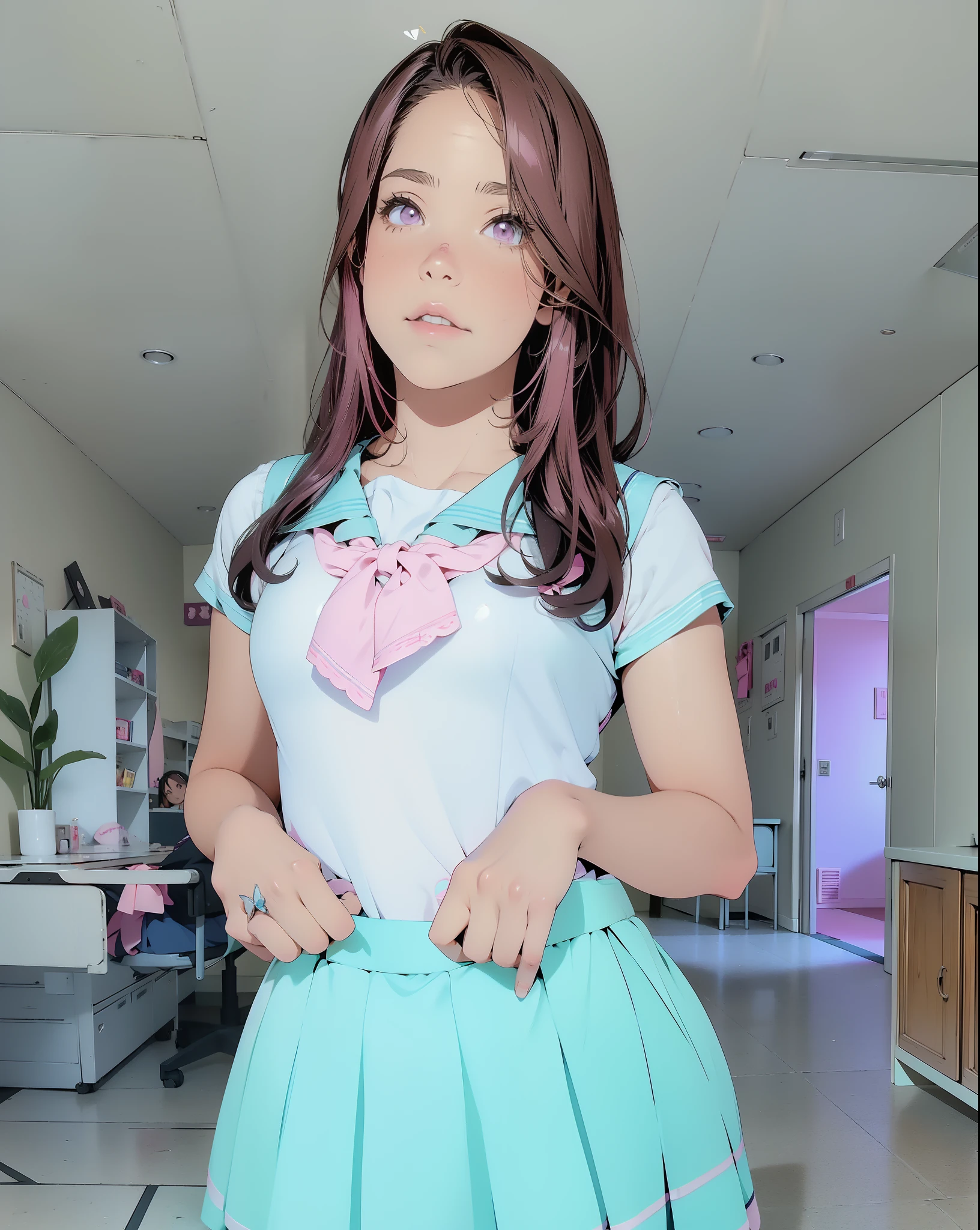 Anime girl in a blue dress with a pink bow and a white shirt - SeaArt AI