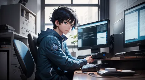 best qualtiy：1.0），（超高分辨率：1.0），Anime boys，with short black hair，blue color eyes，sitting in front of the computer，Write a program for a robot，The background is in the den