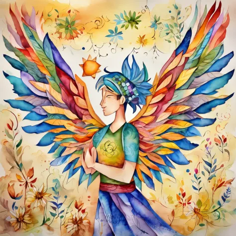 (FULL BODYSHOT:1.4), colorfull background, (1 runner boy,Glowing wings, Halo, Exquisite headdress, Smile), (paper art, Quilted Paper Art, Geometry), highly colorful