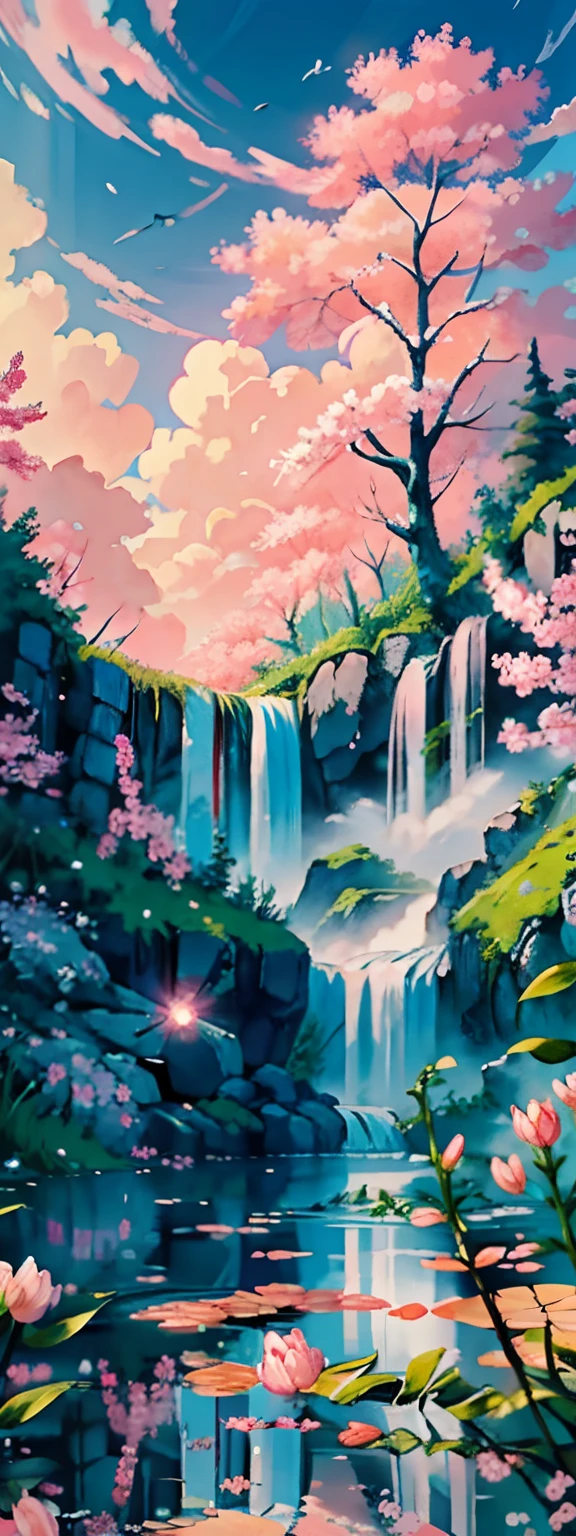 Painting of a waterfall with pink flowers and trees in the background ...