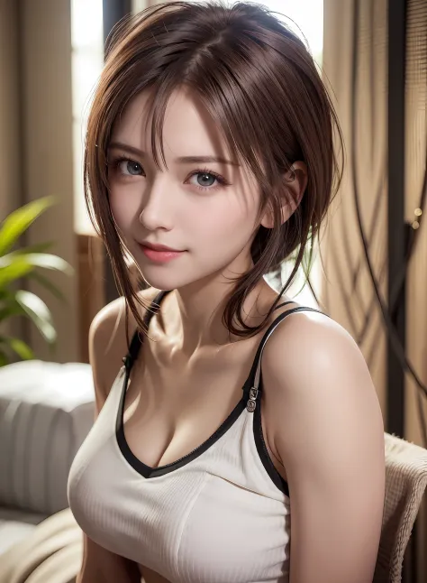 Top quality, ultra high resolution, (photorealistic: 1.4), beautiful eyes, super beautiful, short hair, beautiful breasts, lover, t-shirt with rough chest, eyes inviting viewer, lover's eyes, inviting facial expressions, sexy smile, perfect style, perfect ...