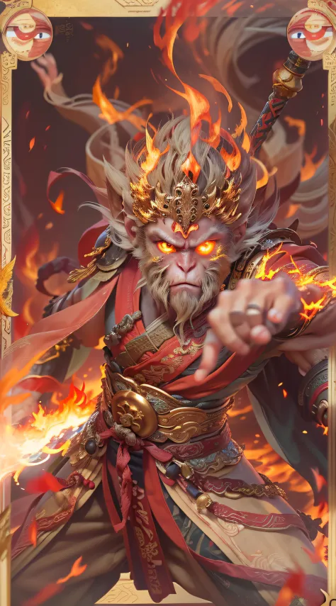 1 Monkey King，Sun Wukong holds a golden stick，((Fire-eyed golden eyes:1.5))，((Complete golden stick)),Put on the flame armor，Fig...