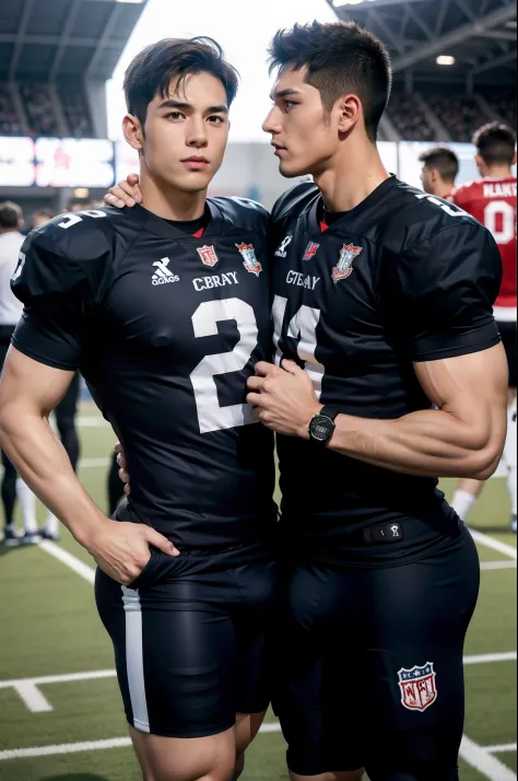 2 Boys，Football venues，sweat leggs，Photos during exercise，Football player costume，，Masculine，Exquisite facial features，virile，musculature，rich facial detail（The crotch is raised）full bodyesbian