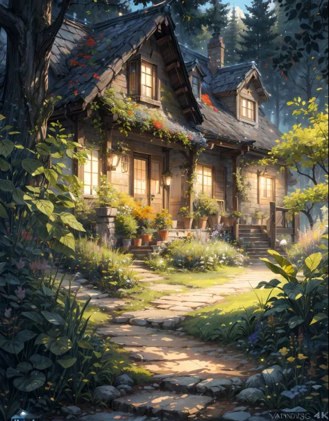 painting of a house in the woods with a pathway leading to it, andreas rocha style, anime background art, painted in anime paint...