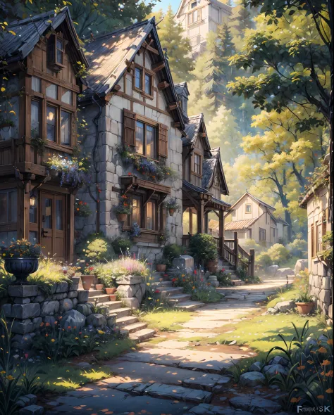 painting of a house in a country setting with a pathway, beautiful house on a forest path, painted in anime painter studio, beau...