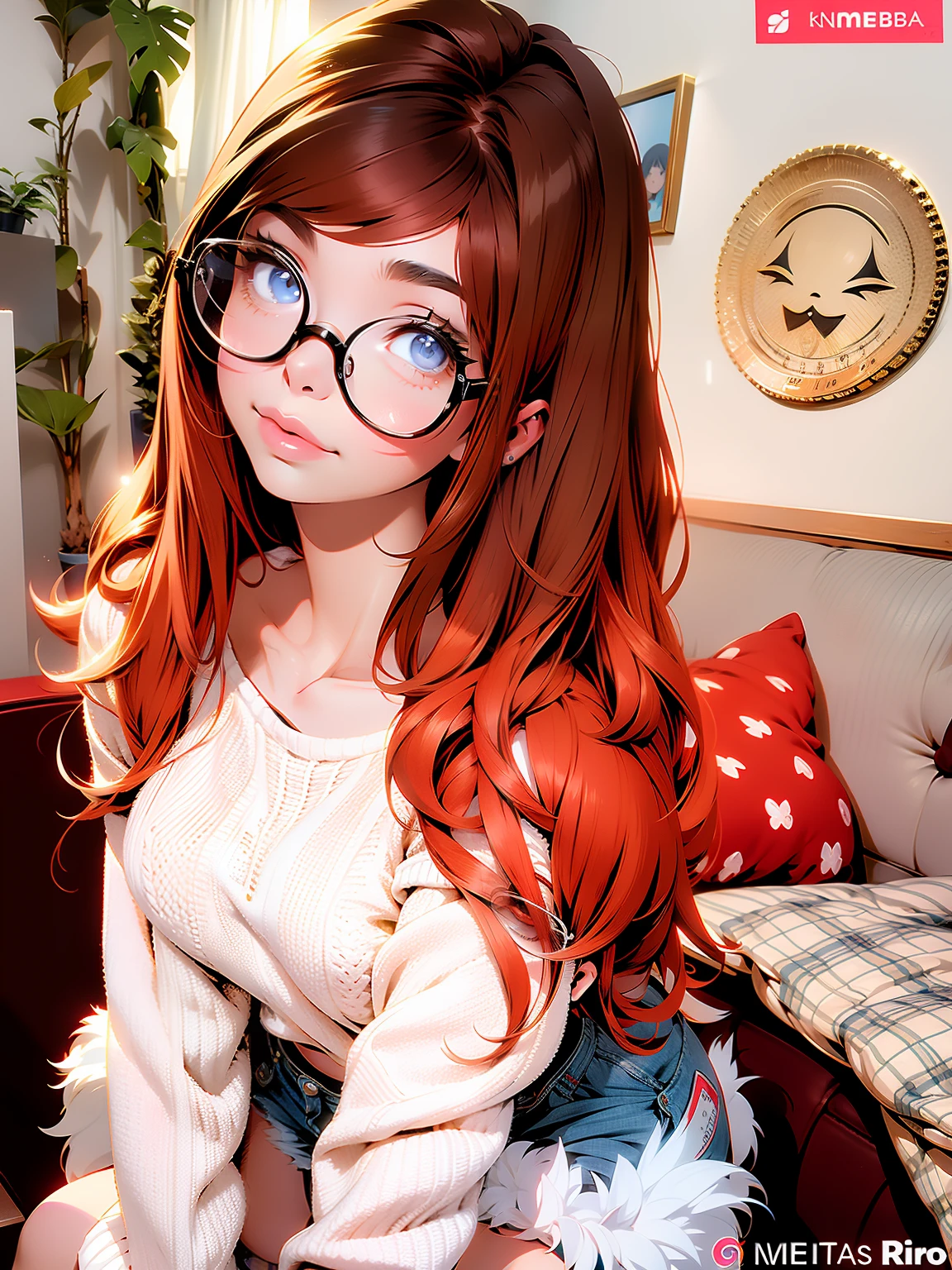 Anime girl with glasses sitting on a couch in a living room - SeaArt AI