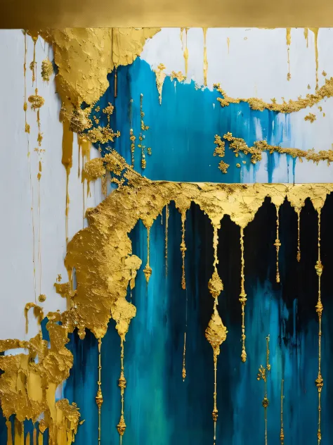 墙上四幅蓝色和金色的画作的特写- SeaArt AI