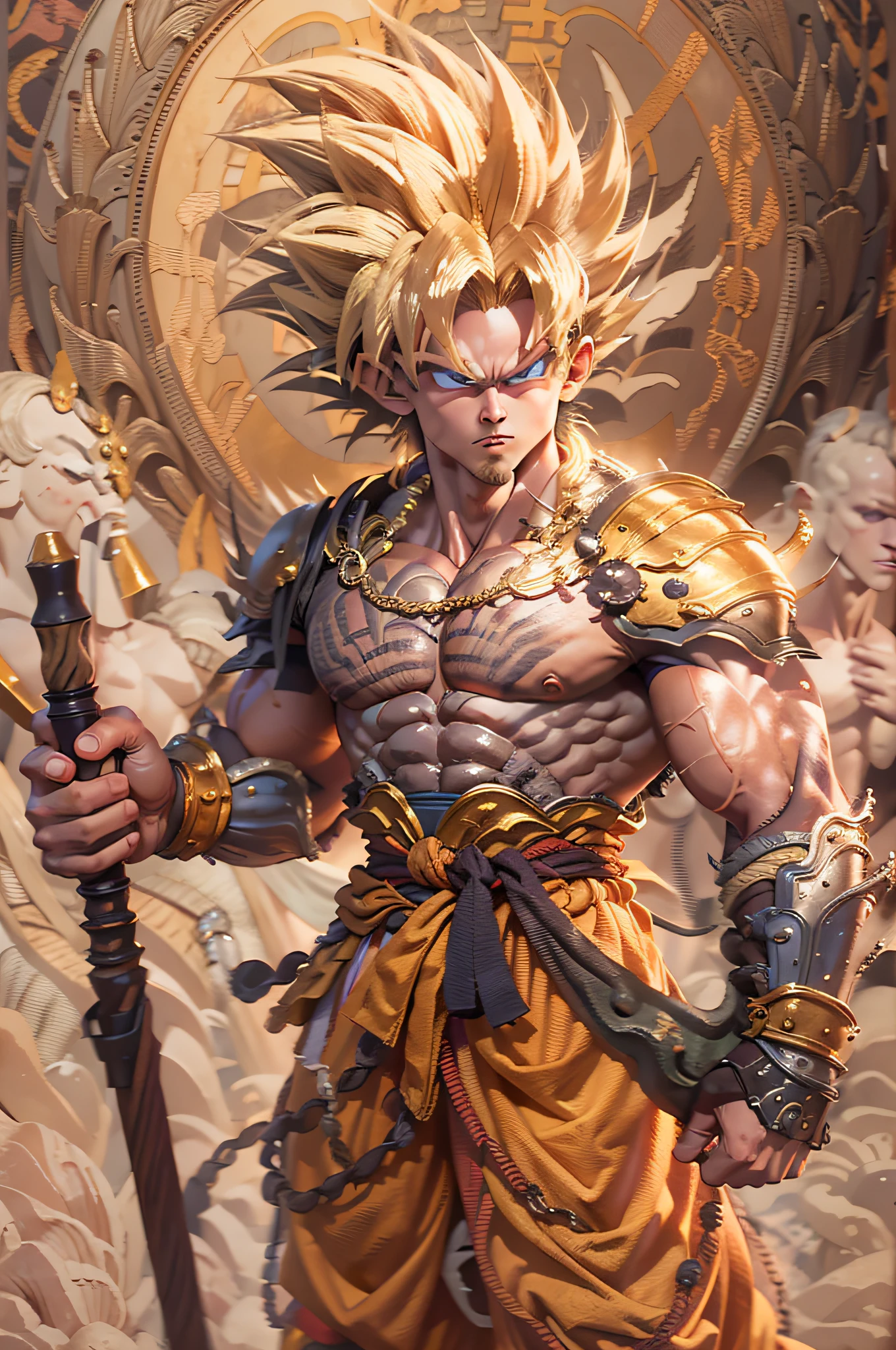 (Obra maestra, mejor detalle), criaturas mitologicas, Son Goku, cabello dorado, Use un círculo dorado, Use armadura de ropa tradicional, Apoyándose en su hombro con un bastón