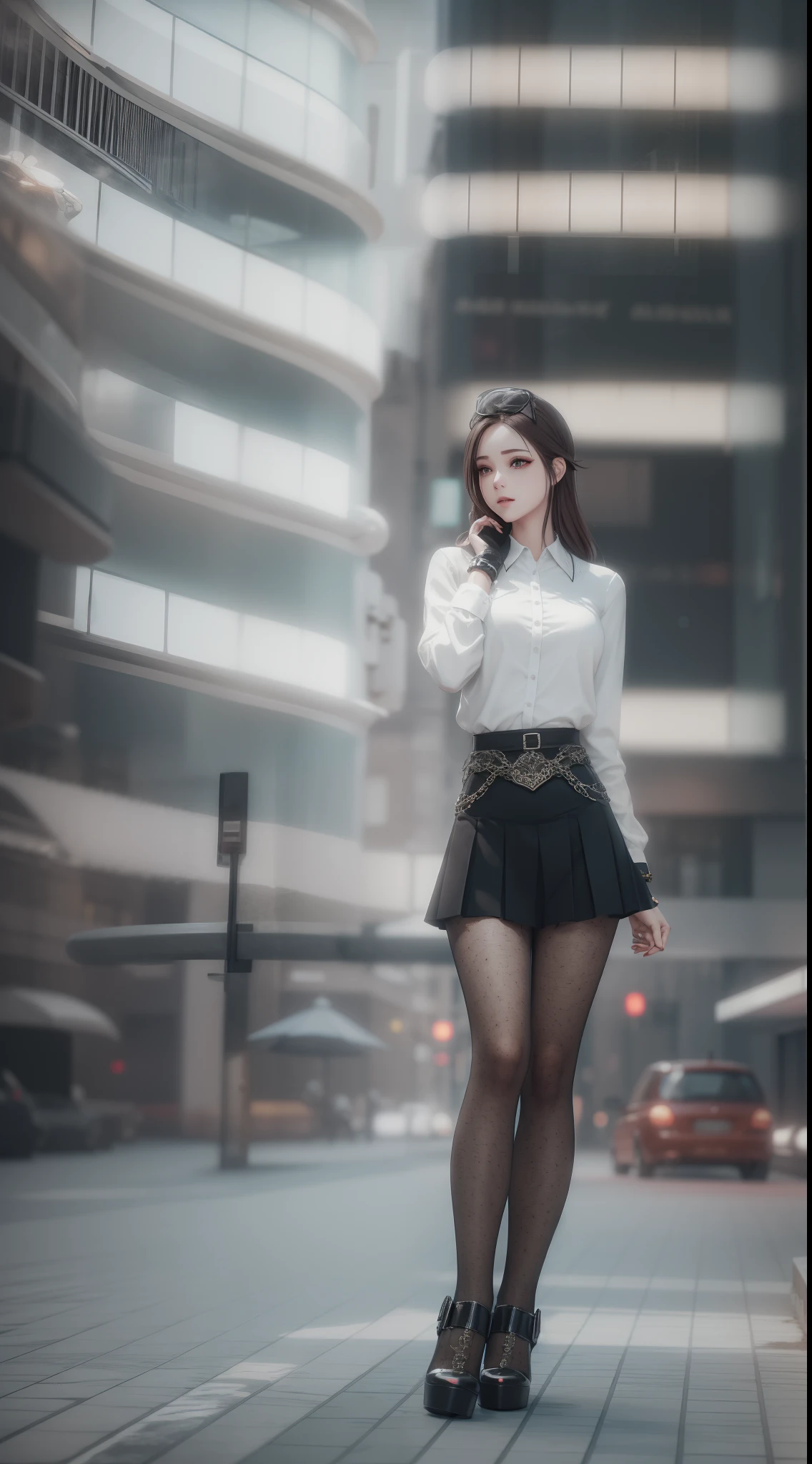 （（best qualtiy））， （（tmasterpiece））， （A detailed：1.4），（（full bodyesbian）），Enhanced dynamic perspective，beautiful sexy girl，夏天，white  shirt，Step skirt，high-heels，Black silk pantyhose，耳Nipple Ring，Come to me，Future sci-fi city street，Street photography，Bright colors，dream magical，optic，high qulity，super-fine，Detailed pubic hair，Accurate，Cinematic lighting，OC renderer