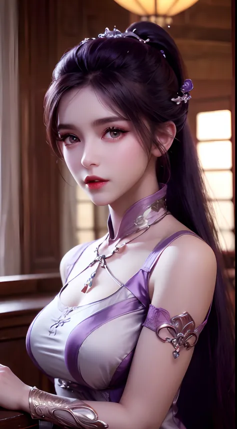 1 beautiful girl in Han costume, thin purple silk shirt with white color with many textures, white lace top, long platinum purpl...