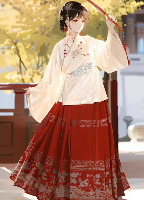 Woman in red and white dress holding a red umbrella，Hanfu，white hanfu，palaces，hanfugirl，Wear ancient Chinese clothing，Traditiona...