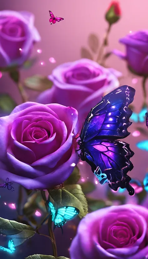 purple roses and butterflies with hearts and sparkles on a blue ...