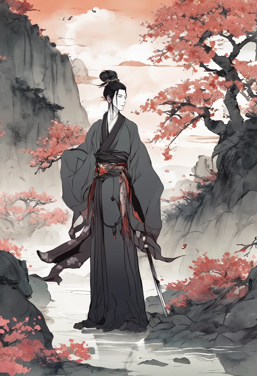 anime big breast, A man with long hair and black clothes sitting on a flower, flowing hair and long robes,Headband and hair ornaments on the head，Take a sword, Beautiful androgynous prince,Antique Chinese style，Ink and watercolor texture，Two-dimensional anime，Beautiful scenery background