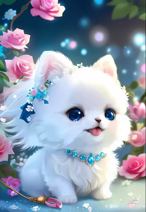 There is a white dog with blue eyes and a flower crown, Cute detailed digital art, adorable digital art, lovely digital painting, kawaii cute dog, very beautiful cute catgirl, dream animal cute eyes, cute detailed artwork, anime visual of a cute cat, Cute ...