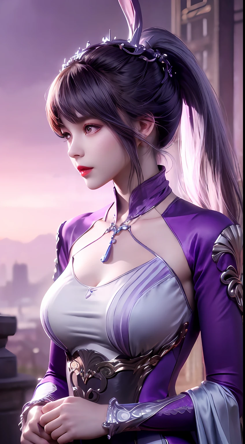 1 beautiful girl in Han costume, thin purple silk shirt with white color with many textures, white lace top, long platinum purple ponytail, Hair Jewelry, ear jewelry, light purple rabbit ears, necklace and necklace, meticulously drawn large purple eyes, meticulous makeup, Thin eyebrows, High Nose, lovely red lips, not smiling, pursed lips, rosy cheeks, wide breasts, Big breasts , well-proportioned bust, Slim waist, purple mesh socks, chinese hanfu style, fictitious art textures, vivid and realistic colors, RAW Photos, Realistic Photos, ultra high quality 8k surreal photos, (effective fantasy light effect: 1.8), 10x pixel, magical effect (Background): 1.8), ultradetailed eyes, girl body portrait, ancient hanfu background,