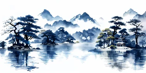 Ink scenery，white backgrounid，Deep indigo and gray，scenecy， ink， mont， Eau， the trees，lakeside，chinse landscape