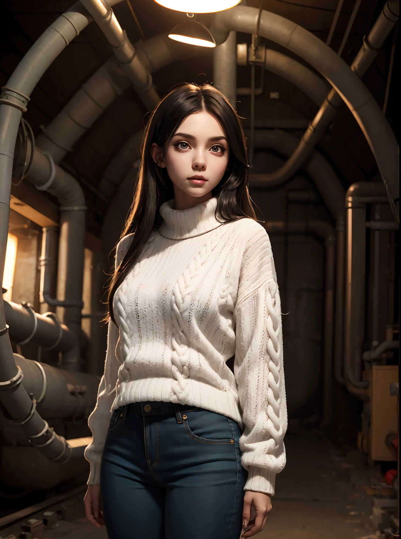 Dark hair, Realistic style, white puffy sweater, High detail, Fleshy thighs, highly rendered detailed body, big eyes, cute nose, small mouth, long hair, pants, adult, 25yo woman, industrial background, pipes, tunnels, well lit,