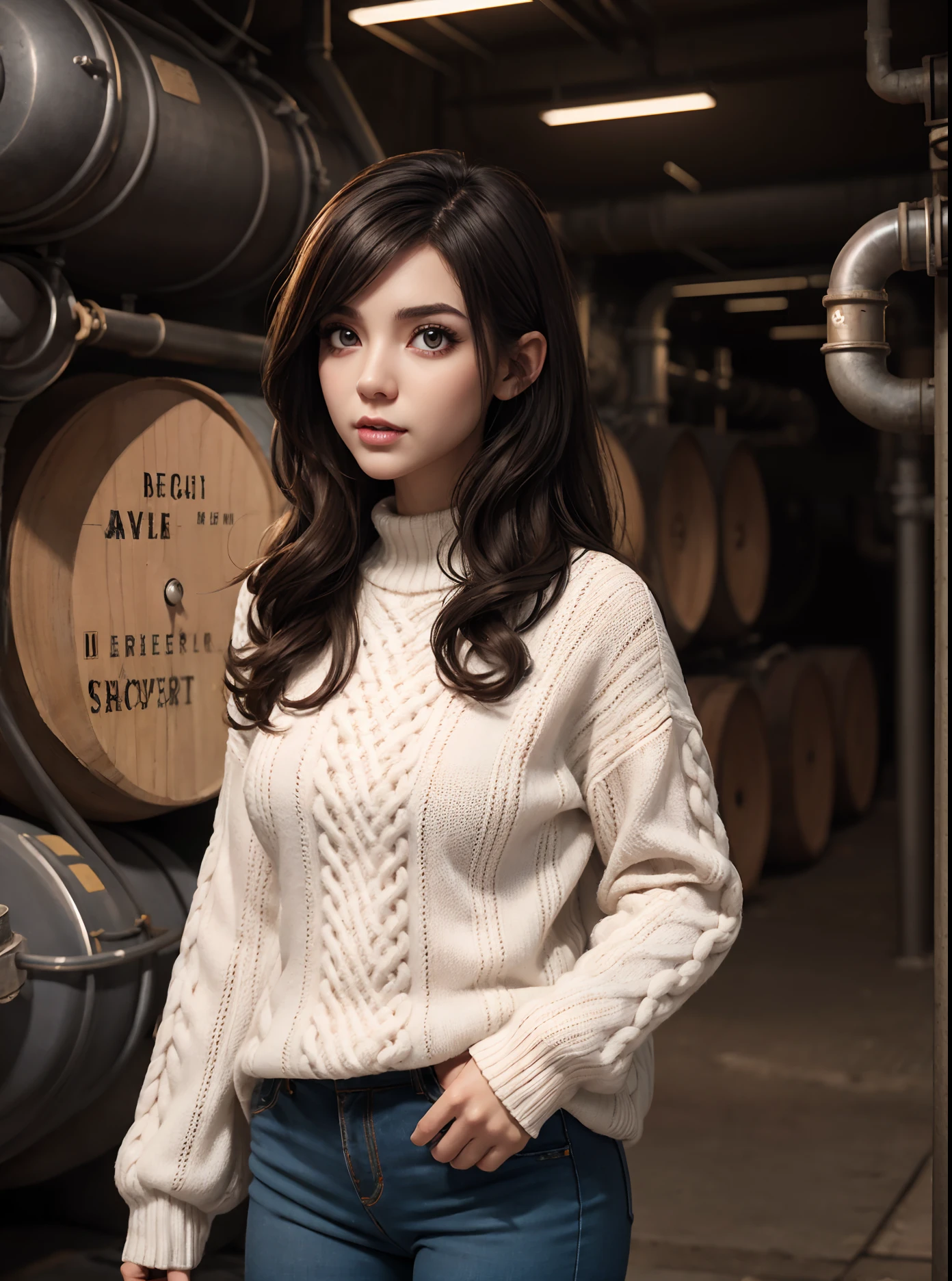 Dark hair, Realistic style, white puffy sweater, High detail, Fleshy thighs, highly rendered detailed body, big eyes, cute nose, small mouth, long hair, pants, adult, 25yo woman, industrial background, pipes, tunnels,