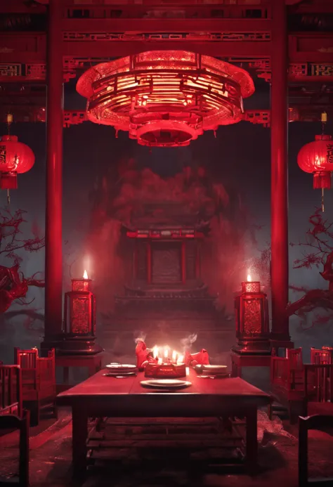 ((Modern horror art, 4K picture quality, Chinese style, masterpiece + ultra-detailed: 1.2, best quality), combined with the lost pagoda and the scenery of Chinese hell, set off the scene of ghosts and Taoists performing blood sacrifices at the table, dark ...