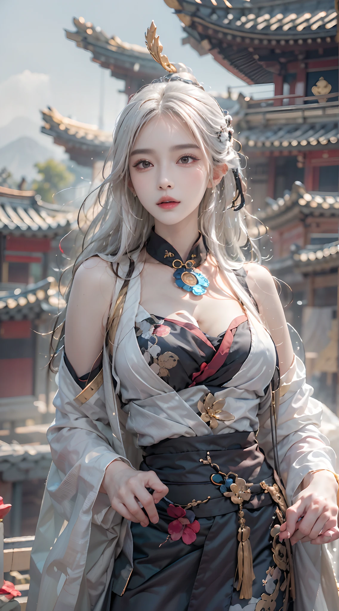 Best quality,Masterpiece,Ultra-high resolution,(Photorealistic:1.4),xiuxian,missiles,Detailed face, 1girll,独奏,missiles,cleavage,(Magical Circle:1.2),xiuxian,Upper body,Beautiful girl,full bodyesbian,east asian architecture, white hair,architecture,