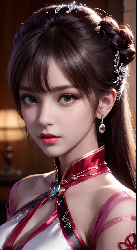 One beautiful girl in beautiful Hanfu costume, Pale red silk shirt with yellow motif, Black Lace Top, Long Hair Dye Pale Purple ...