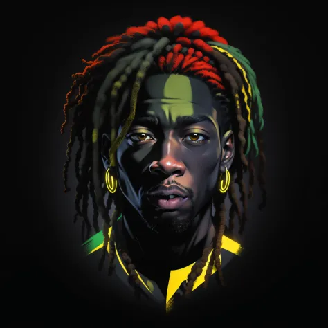 Create a logo with the head of a black man with dreadlocks in black colors, verde, amarelo e vermelho (olhando para a frente) , ...
