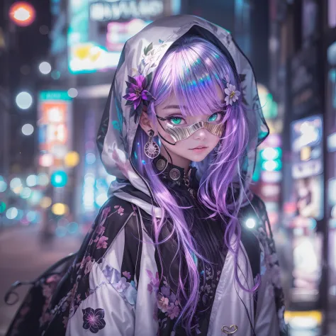 goth_punk, 1girl, solo, establishing shot, mechasuit, walking in harajuku, ((night time)), bokeh, neon light, iridescent eyes, starry sky, white shimmering hair with purple accents, glowing hair, (iridescent hair), earrings, bangs, jewelry, mask, hooded cl...