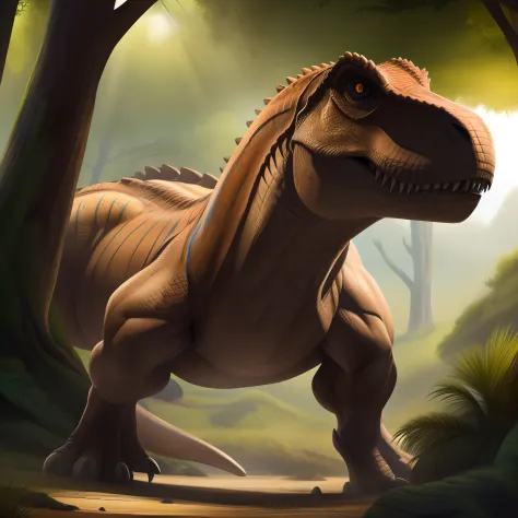 "A highly detailed and realistic illustration of a majestic Tyrannosaurus in its natural habitat, with vibrant colors, lifelike textures, and dynamic lighting. The Tyrannosaurus should be captured in a powerful pose, showcasing its raw strength and intimid...