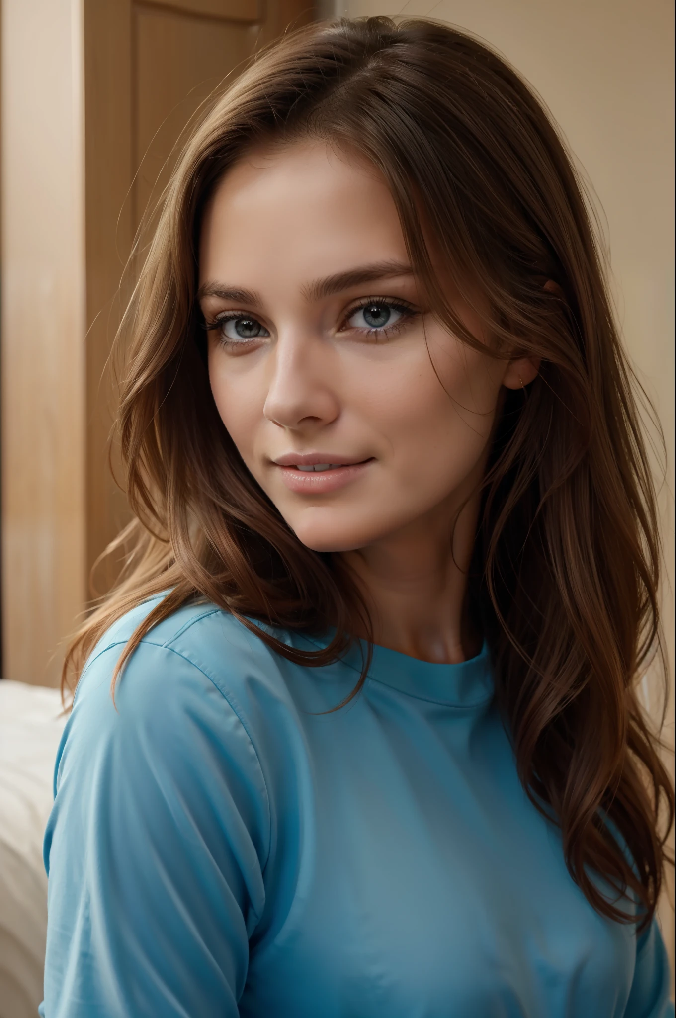 A close up of a woman with long hair and a blue shirt - SeaArt AI